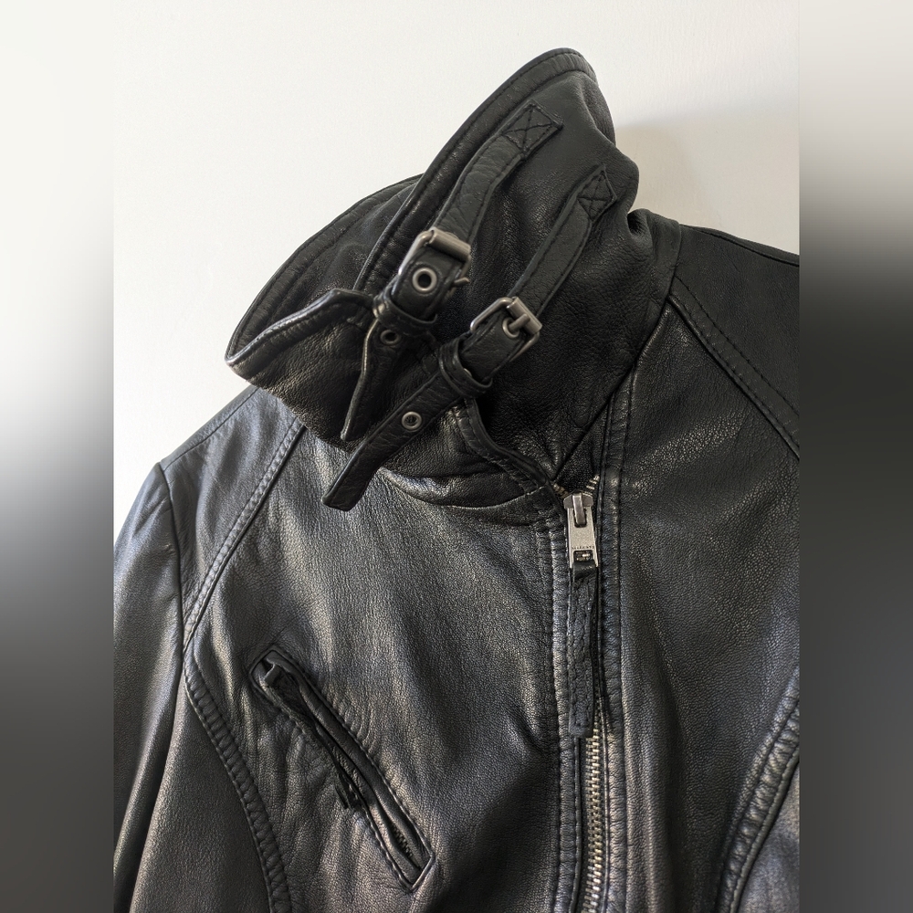 All Saints Black Leather Jacket with Buckle Collar - Picture 3 of 12